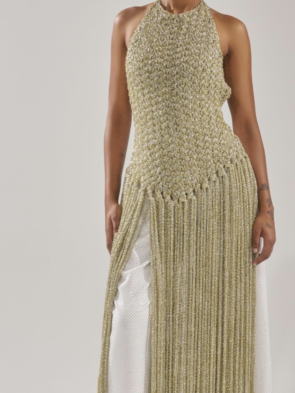 AKIRA Gold Metallic Crochet Halter Fringe Top